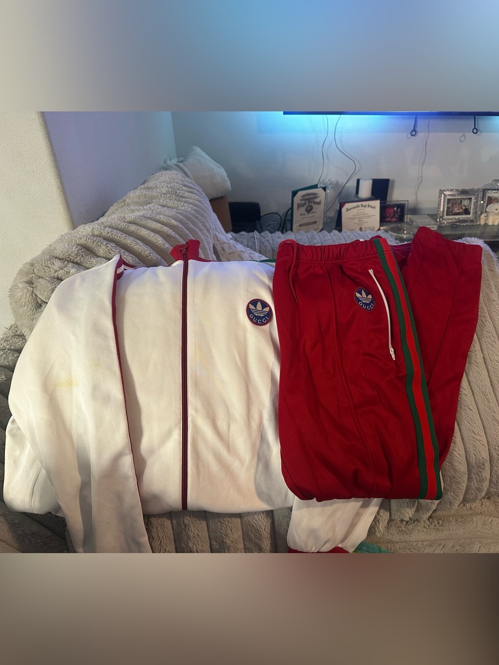 Gucci Red Track Pants with White Jacket and Green Stripes